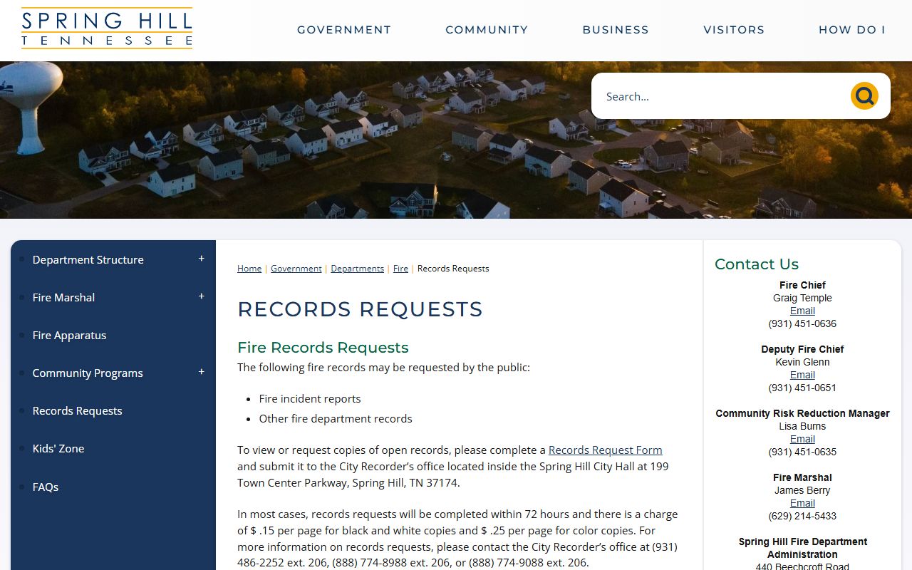 Spring Hill Death Index and city records requests