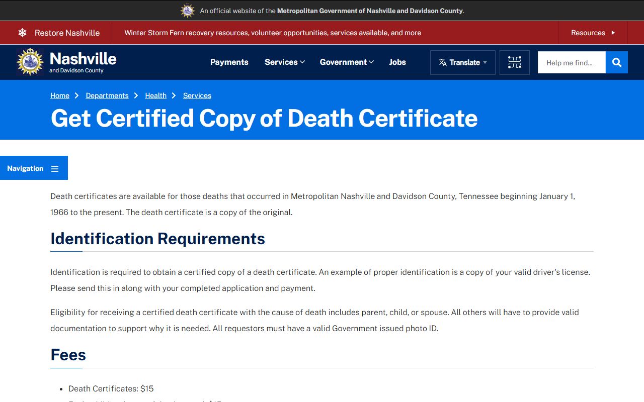 Davidson County death certificate page used for Davidson County Death Index research