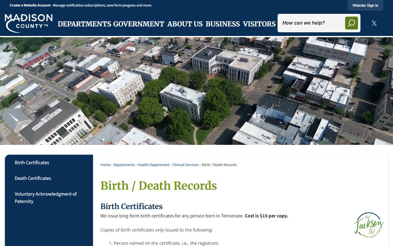 Madison County Death Index and Birth Death Records page