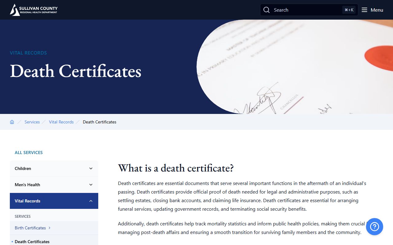Sullivan County death certificates page for Death Index research