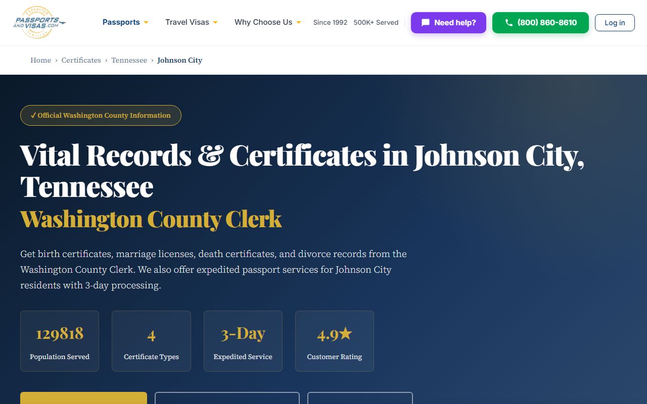 Washington County Death Index image for the Johnson City vital records reference