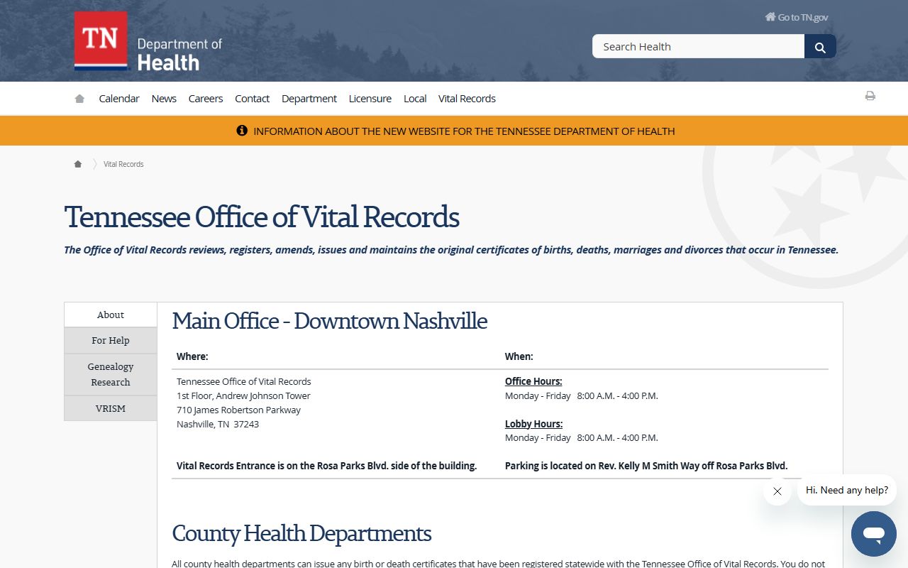 Tennessee Death Index department of health vital records page