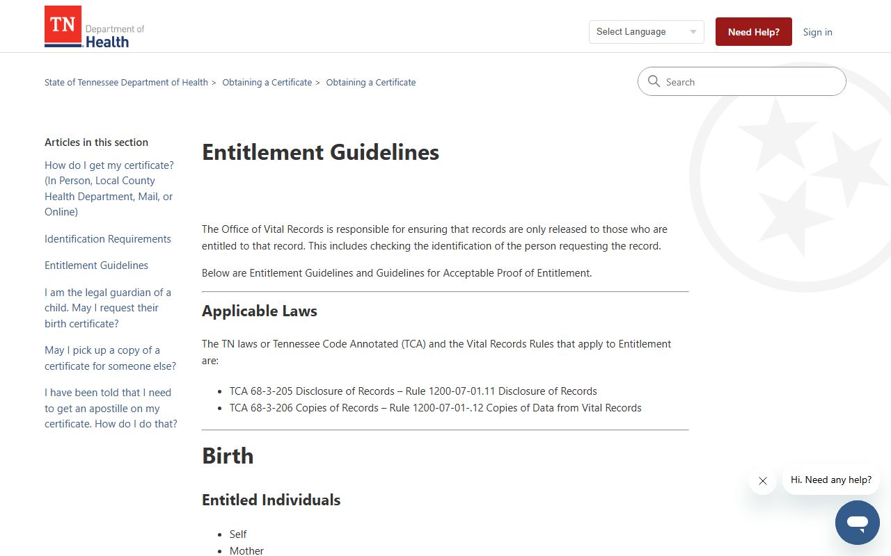 Tennessee Death Index entitlement guidelines page