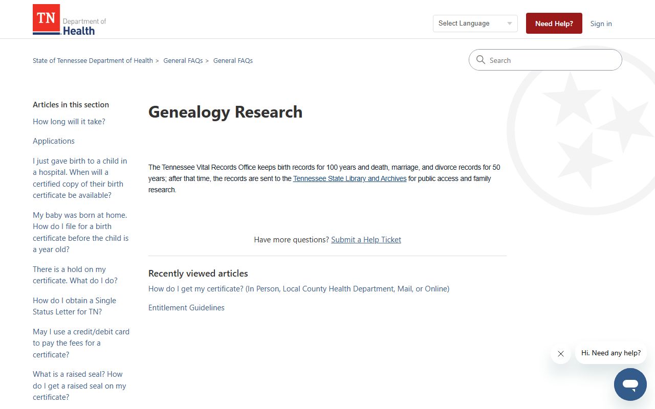 Tennessee Death Index genealogy research page