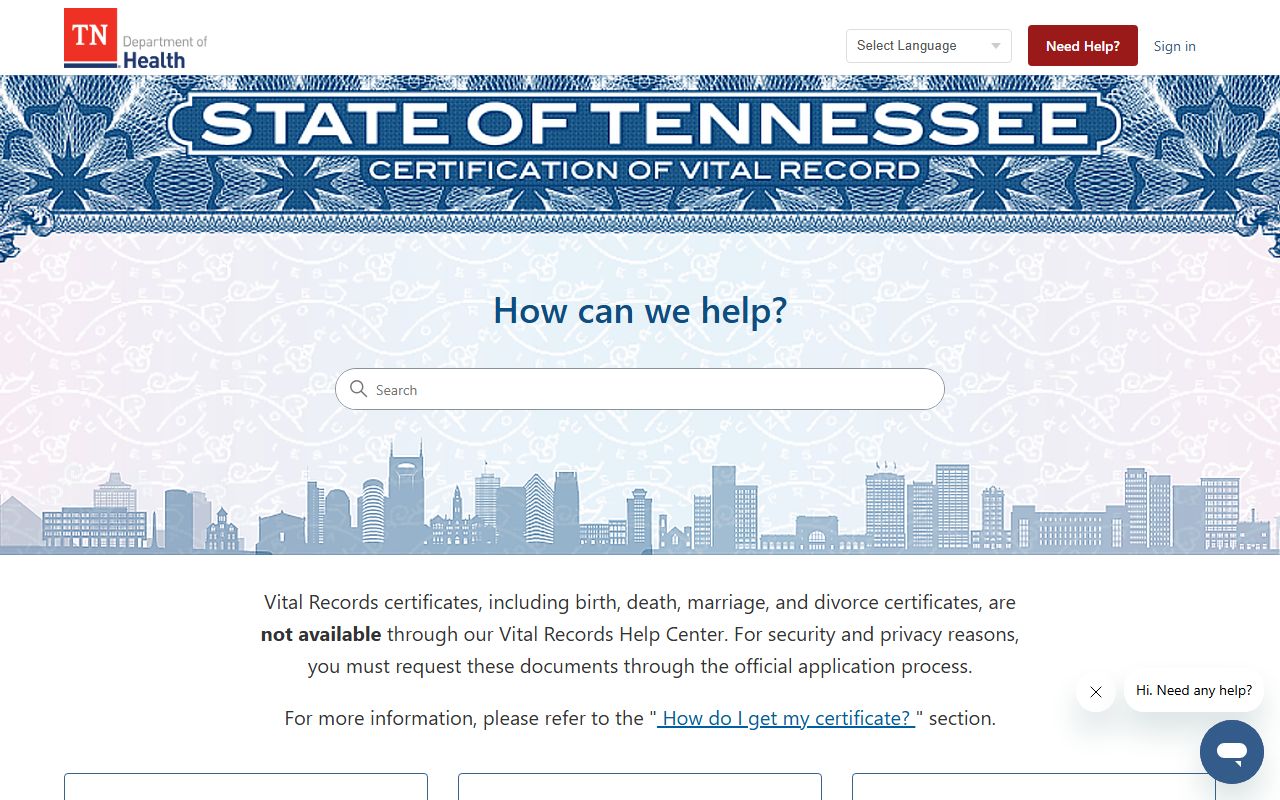 Tennessee Death Index state office of vital records page